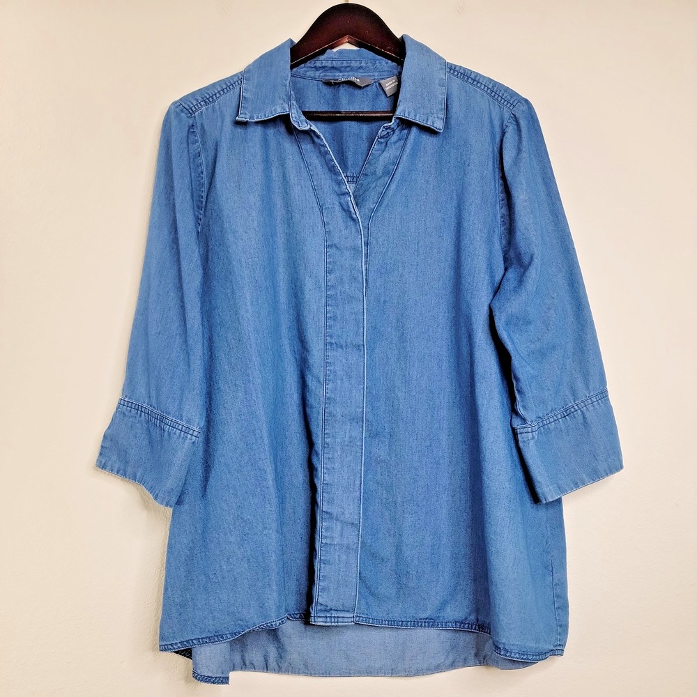 Martha Stewart Womens Chambray Tunic Shirt L Blue Button Up 3/4 Bell Sleeve